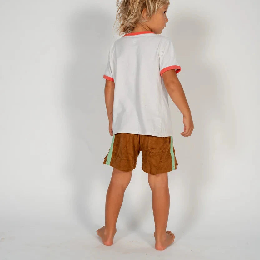 Terry Towelling Mini Shorts Brown with Mint Stripe